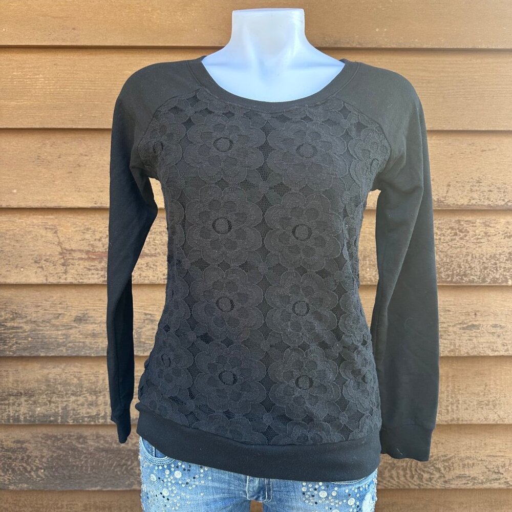 Active Womens Black Lace Front Long Sleeve Top Size M Cotton Blend